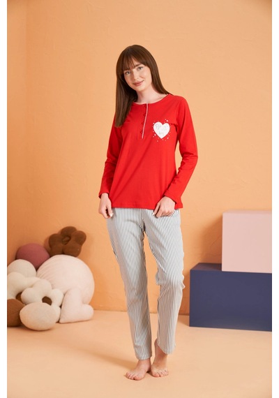 Kocabey Kadın Patlı Pijama Takım Kırmızı