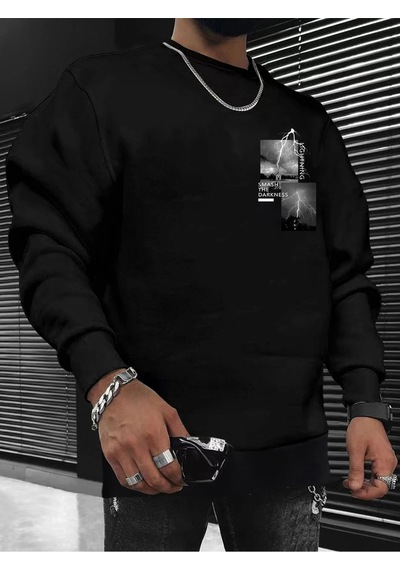 Unisex Oversize Lightning Baskılı Bisiklet Yaka Sweatshirt Siyah