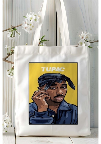 Art Hediye Twopac 2pac Rap Baskılı Bez Çanta Omuz Çantası Kişiye Özel Desen 3 Çok Renkli