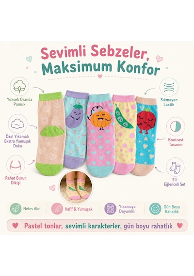Womanandkids Wak 5 Li Sebze Desenli Çocuk Çorap Seti Yüksek Pamuklu Rahat Burunlu Sıkmayan Lastikli Çok Renkli Womanandkids Wak 5 Li Sebze Desenli Çocuk Çorap Seti Yüksek Pamuklu Rahat Burunlu Sıkmayan Lastikli Çok Renkli
