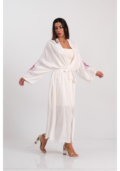 Keyifli Moda Kadın Beyaz Sırtı Ve Kolları Nakışlı Püsküllü Uzun Kimono - Beyaz