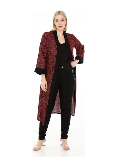 Disentis Kadın Büyük Beden Şal Yaka Kuşaklı Kırmızı Siyah Uzun Kimono