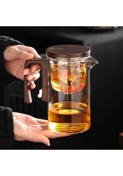 Morponi Borosilikat Cam Ahşap Kapak Ve Sap Detaylı Mıknatıs Özellikli Lüks Bitki Çayı Demliği 520 Ml Şeffaf