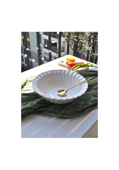 1 Adet Seramik İstiridye Desenli Beyaz Salata Kasesi 27 Cm Büyük Salata Tabağı