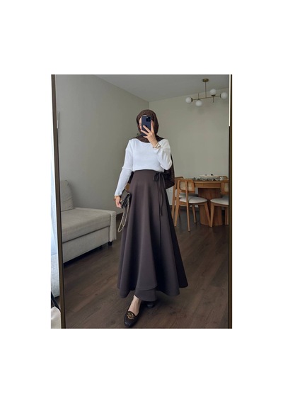 Unika Boutique Kadın Yandan Bağlamalı Tesettür Uzun Kot Etek Kahverengi