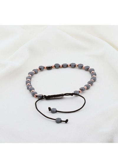 Hematit Taşlı Altıgen Rose Gold Kaplama Gümüş Makrome Erkek Bilekliği Gümüş