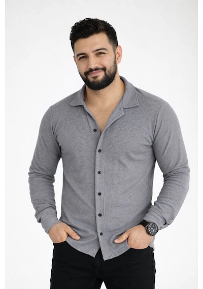 Erkek Waffle Kumaş Uzun Kollu Düğmeli Açık Yaka Regular Fit Gömlek - Füme Çok Renkli