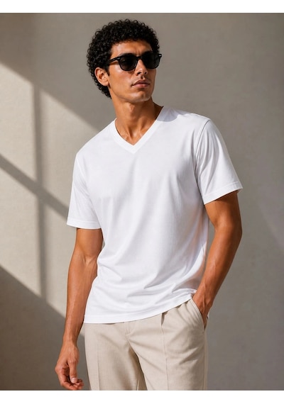 Erkek V Yaka Basic Tişört Kısa Kol Yazlık Regular Fit T-shirt - Beyaz Çok Renkli
