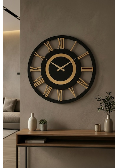 Siyah Ve Ceviz Renk Gold Sayılı Hediyelik Ahşap Dekoratif Farklı Desenli Ev Duvar Saati 50cm Ceviz
