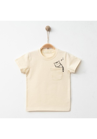 Bebolly T-shirt Uykucu Kedi Baskılı Bej Açık Bej