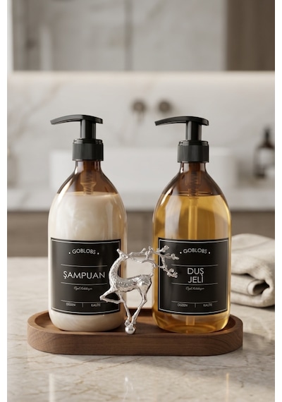 Sabunluk Amber Şişe Cam İkili Şampuan-duş Jeli Banyo Düzenleyici Lüks Gümüş Geyik Ahşap Standlı 500ml