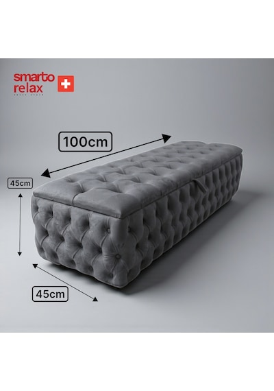 Smarto Relax Swiss Style Saas-fee Sandıklı Baby Face Puf, Kapitoneli Sandıklı, 100x45x45 Cm, Babyface Kaplama Dekoratif Puf Gri