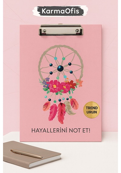A4 Sekreterlik Pembe Düş Kapanı Desenli Dayanıklı Klipsli Not