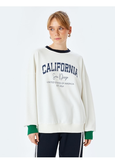 About Blank Koton Bisiklet Yaka Uzun Kollu Baskılı Oversize Sweatshirt Acı Kahverengi