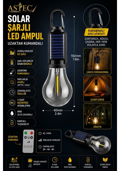 Astec Taşınabilir Solar Şarjlı Led Ampul Uzaktan Kumandalı Type-c Outdoor Kamp Bahçe Lambası Askılı Karabinalı Sarı