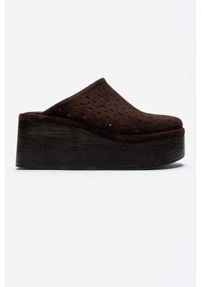 Luvishoes Lune Kahverengi Süet Hakiki Deri Delikli Kadın Dolgu Topuklu Terlik