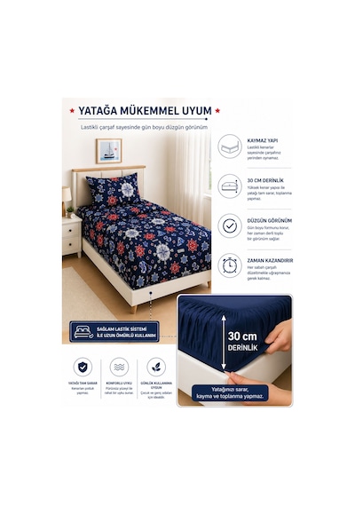 Tek Kişilik Nevresim Takımı Lastikli Çarşaflı Pamuklu Marine Desenli Lacivert