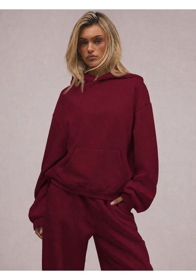 Macklin Unisex Kadın Erkek Baskısız Rahat Kalıp Oversize 3 İplik Kapüşonlu Hoodie Ve Baggy Eşofman Altı Bordo