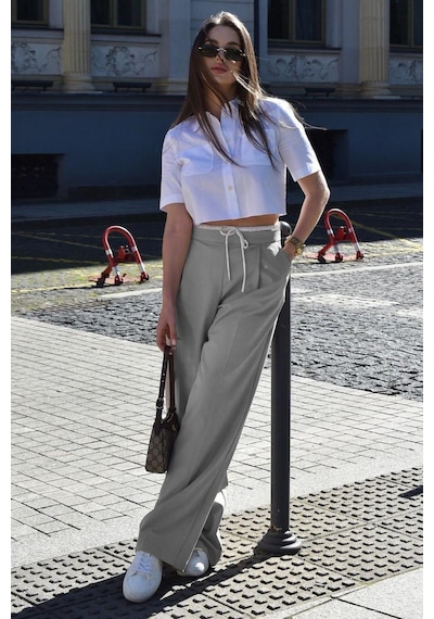Madmext Gri Çift Bel Bantlı Wide Leg Kadın Pantolon Mg2551 Gri
