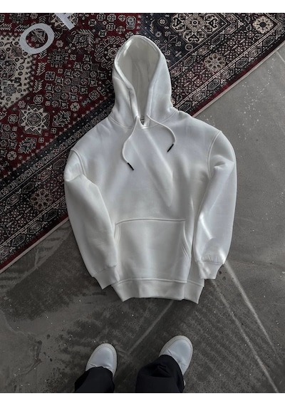 Kapüşonlu Üç İplik Penye Basic Sweatshirt - Beyaz Beyaz