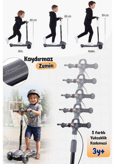 Prego Veyron Bluetoothlu Müzikli Işıklı Çocuk Scooter Katlanabilir - Yükseklik Ayarlı Gri
