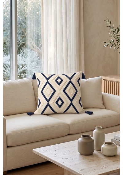 Bohem Etnik Geometrik Desenli Kabartmalı Punch Nakışlı Püsküllü Kırlent Kılıfı 42x42 Cm Mavi