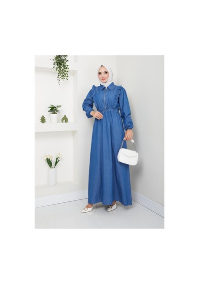 Harman Butik Kadın Fermuar Detaylı Fırfırlı Kot Elbise Koyu Mavi Koyu Mavi