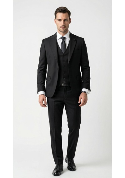 Erkek Slim Fit Takım Elbise Düz Dokulu Kırışmaya Dayanıklı Likralı Polyviskon Kumaş, Sivri Yaka, Tek Düğmeli, Çift Yır Siyah Erkek Slim Fit Takım Elbise Düz Dokulu Kırışmaya Dayanıklı Likralı Polyviskon Kumaş, Sivri Yaka, Tek Düğmeli, Çift Yır Siyah