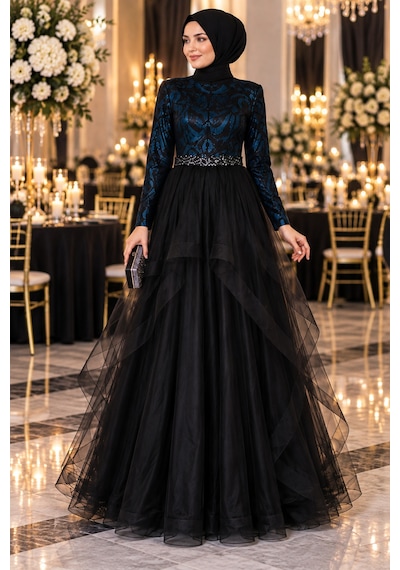 Gül&can Butik Tesettür Abiye Üstü Pullu Etek Kismi Tüllü Abiye Siyah