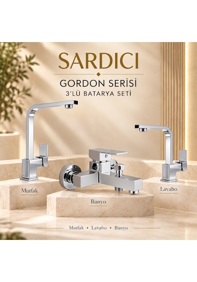 Sardıcı Gordon 3 Lü Mutfak Lavabo Banyo Batarya Seti Pirinç Gövde Çift Su Girişli Krom