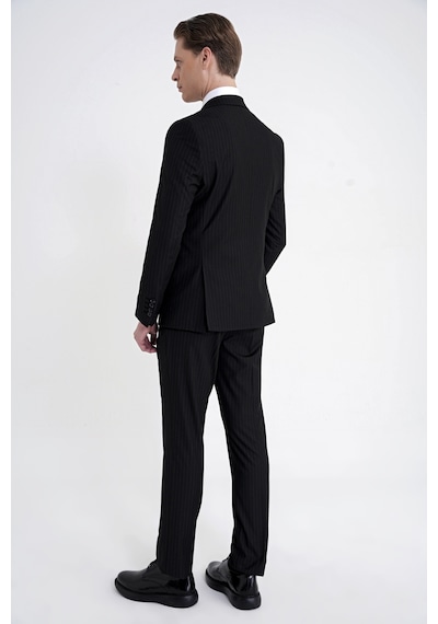 Efor Slim Fit Mono Yaka Esnek Yünlü Siyah Çizgili Takım Elbise Tk 942