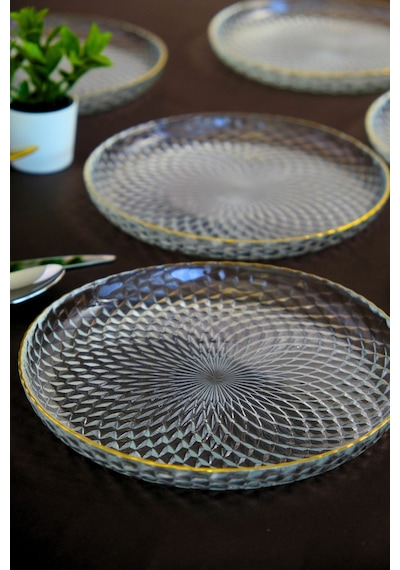 Tabak Evi Altın Yaldız Cam Pasta Tabağı 19cm 6 Lı 2339 Şeffaf