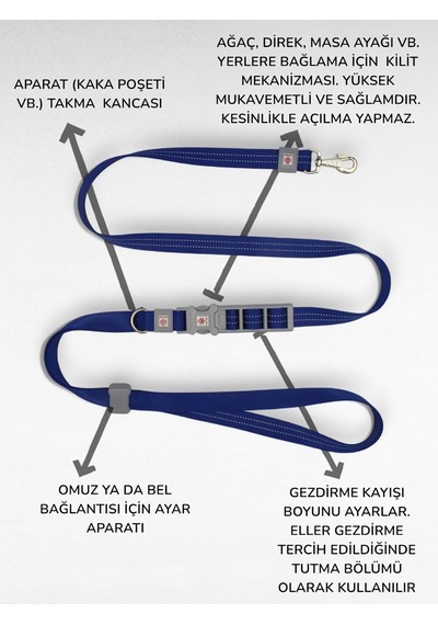 Caramelos Hands-free Eller Serbest Köpek Gezdirme Kayışı, Lacivert Ayarlanabilir, 150 Cm, Reflektörlü