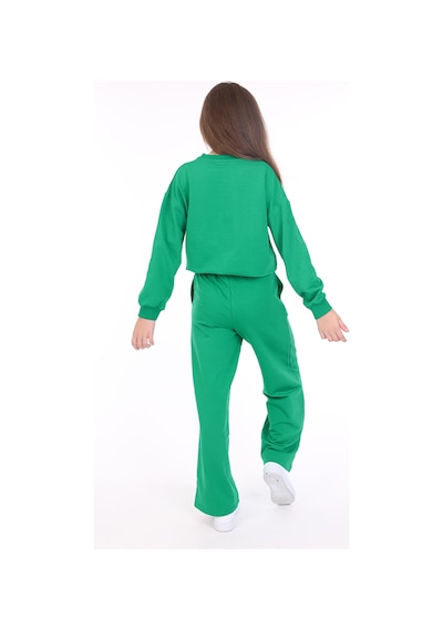 Toontoy Kids Toontoy Kız Çocuk 2'li Takım Baskılı Bisiklet Yaka Sweatshirt & Beli Lastikli Bol Paça Eşofman Altı - 2 İplik Koyu Yeşil