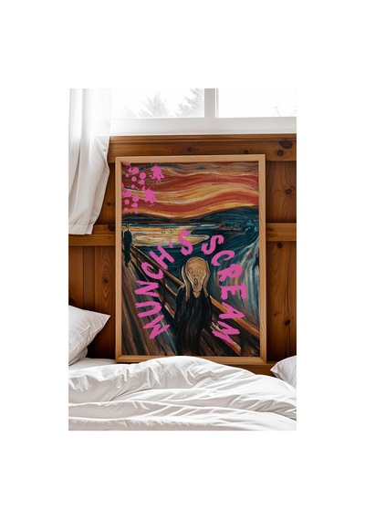 Edvard Munch The Scream Çığlık Çerçeveli Tablo Pembe Boya Sıçramalı İkonik Klasik Sanat Tablosu Altered Art