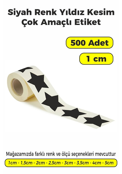Siyah Renk Yıldız Kesim Sticker Etiket 1cm - 500 Adet Siyah