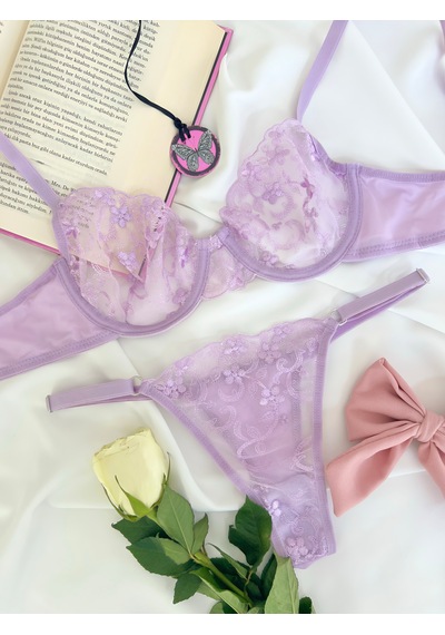 Arinda Barbie Lila Çiçek Desenli Brode İşlemeli Tek Renk Balenli Kapsız Sütyen Tanga Alt Üst İç Çamaşırı Takımı