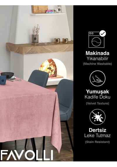 Kadife Dokulu Açık Pembe Renk Masa Örtüsü Açık Pembe