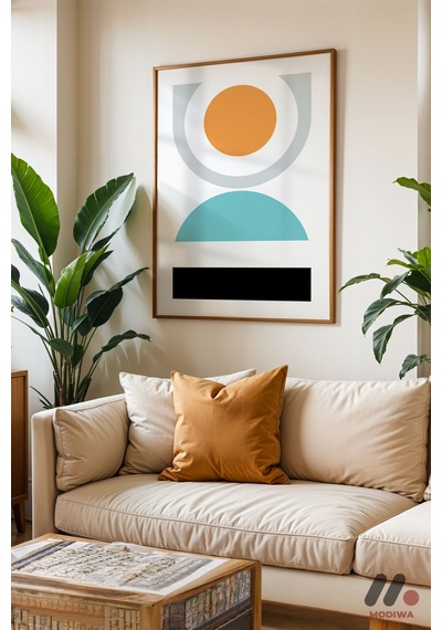 Minimal Geometrik Kompozisyon, Ahşap Çerçeveli Duvar Tablosu - Modern Ev Dekorasyonu