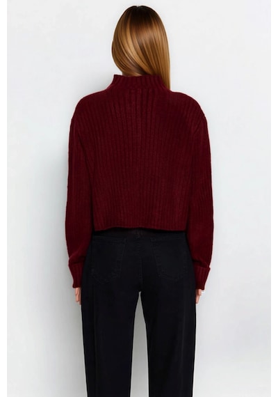Benerly Kadın Dik Yaka Fitilli Dokuma Crop Oversize Triko Hırka Düşük Kol Bordo