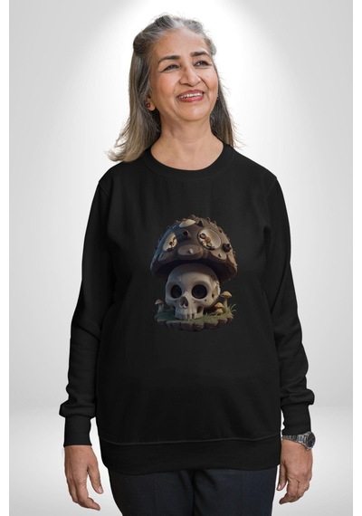 Kurukafa Mantar Ev Unisex Siyah Baskılı Sweatshirt Siyah