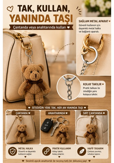 1 Adet Kahverengi Peluş Ayıcık Anahtarlık 15x8 Cm Çanta Sırt Çantası Anahtar Aksesuar Sevimli Fiyonk