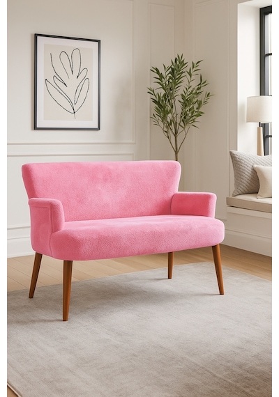 Roma Modern İkili Koltuk - Welsoft Yumuşak Kumaş - Ahşap Ceviz Renk Ayak - Pembe Pembe