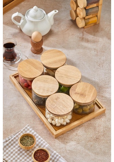 Borosilikat Camlı 6'li Yuvarlak Bambu Kapaklı Kahvaltı Takımı, Tepsili Ckr3454 Diğer