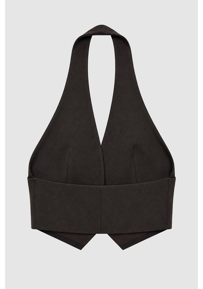 Thalure Kadın Kahverengi Halter Yaka Düğmeli Crop Yelek