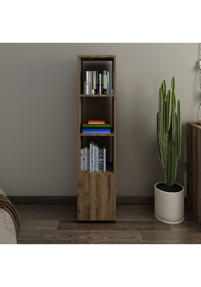 Kuzey 4 Raflı, Kapaklı Minimal Beyaz Kitaplık Antik Ceviz