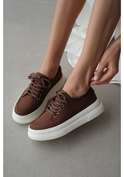 Peinta Yüksek Tabanlı Bağcıklı Kadın Sneaker- Kahverengi
