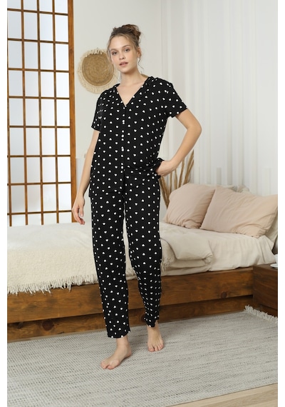 Siyah İnci Pamuklu Düğmeli Örme Pijama Takımı Siyayh Beyaz Kalp
