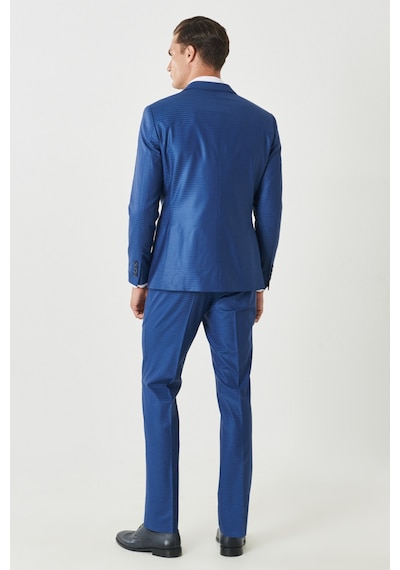 AC&Co / Altınyıldız Classics Eksta Slim Fit Dar Kesim Mono Yaka Kareli Mavi Takım Elbise Mavi-48-6N Mavi