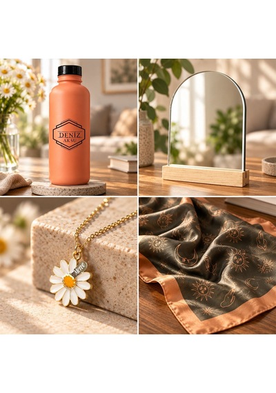 Bk Gift Kişiye Özel İsimli Turuncu Cam Suluk & Papatya Kolye & Ayna & Fular - Özel Hediye Kutulu Set-3